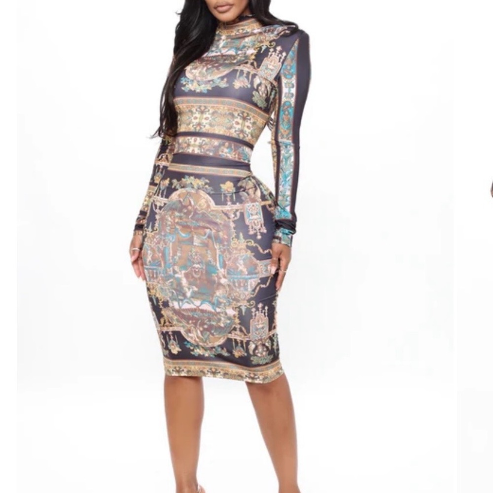 Fashion Nova Baroque Long Sleeve Dress - Black and Gold